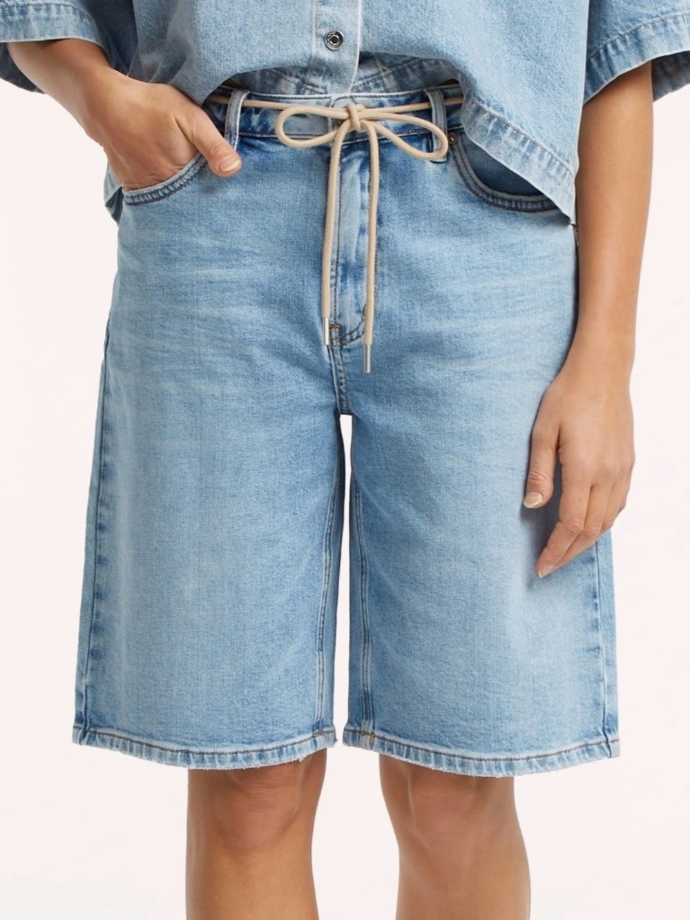 Relaxed Light Blue Denim Bermuda Shorts with Drawstring